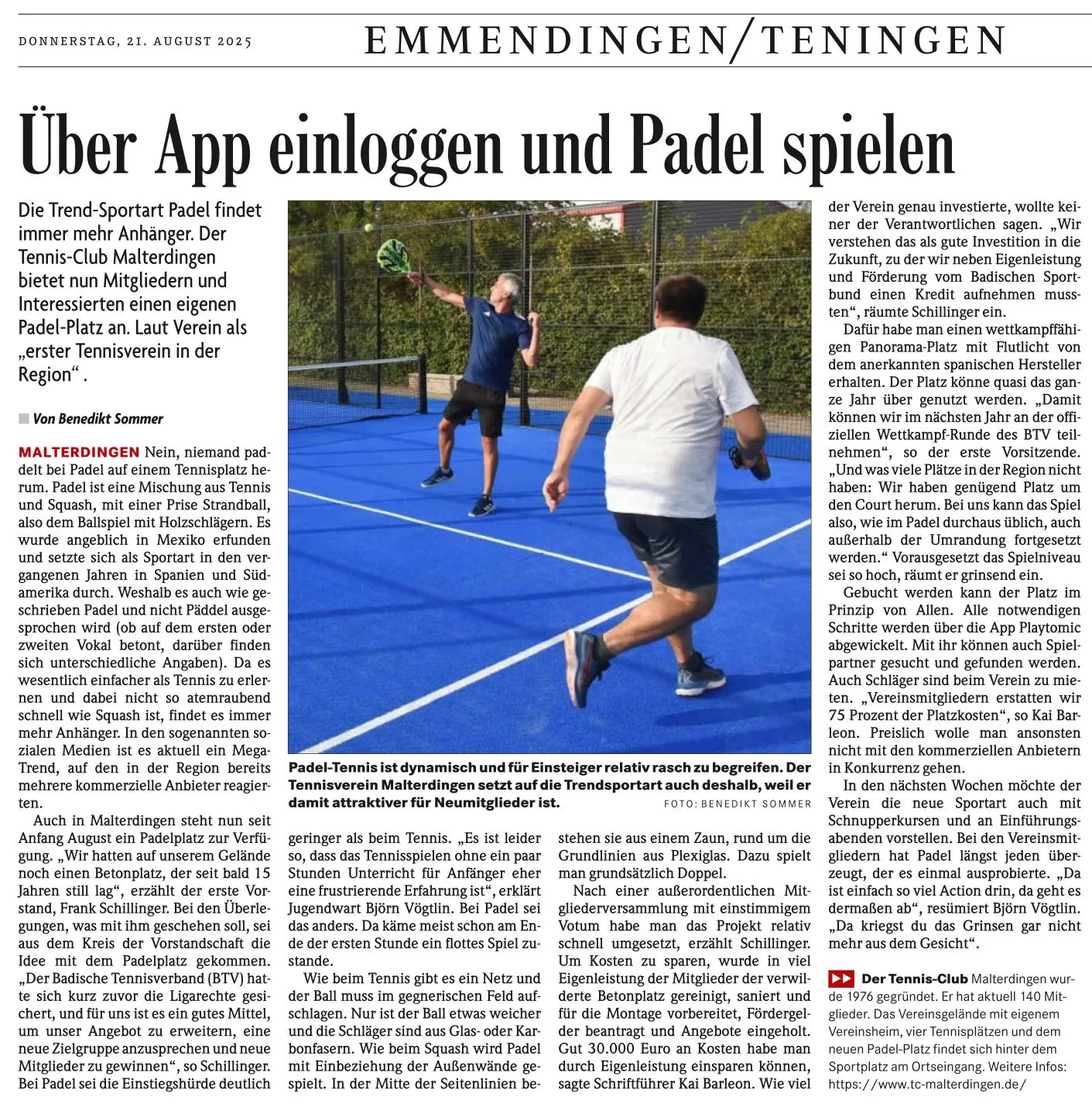 Artikel der Badischen Zeitung über den Padelplatz des TC Malterdingen