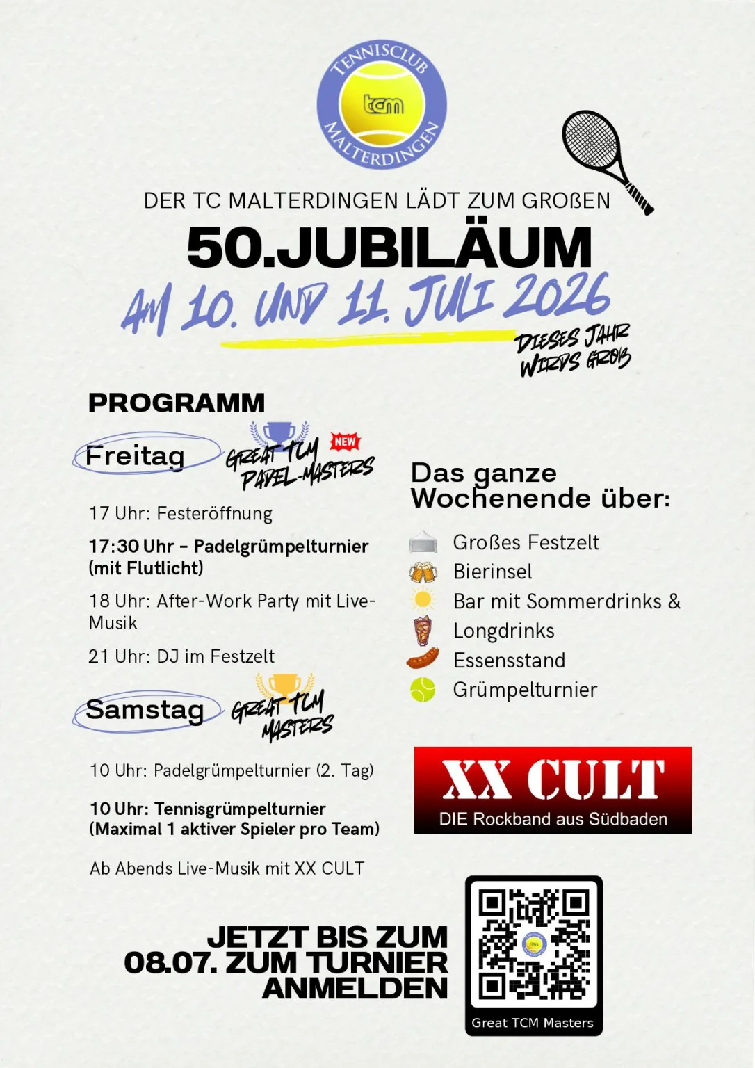 Plakat zum 50. Jubiläum des TC Malterdingen am 10. und 11. Juli 2026